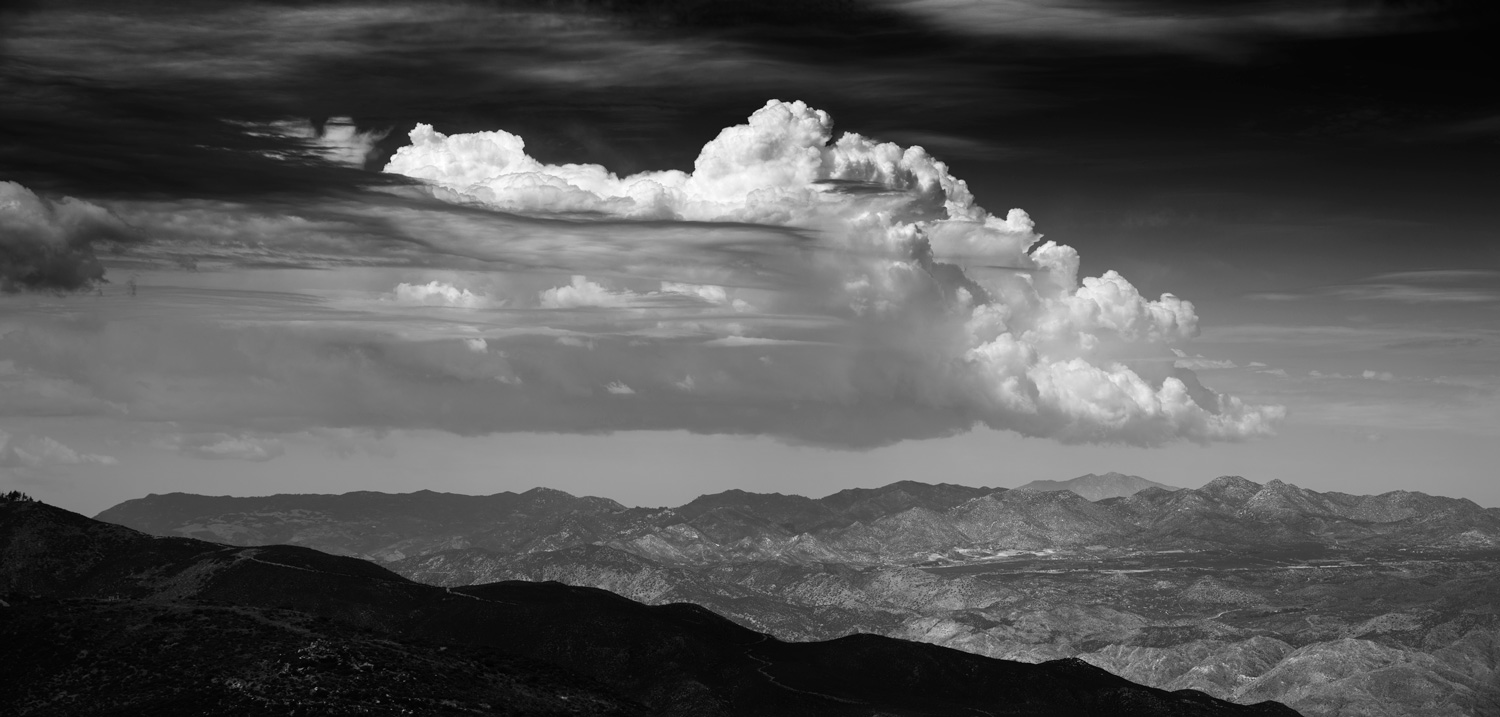 Black and white photo of monsoon clouds in Anza Borrego, San Diego