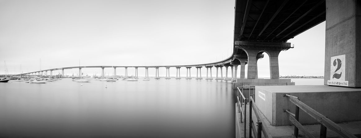 Black and white photo of the Coronado Bridge in San Diego
