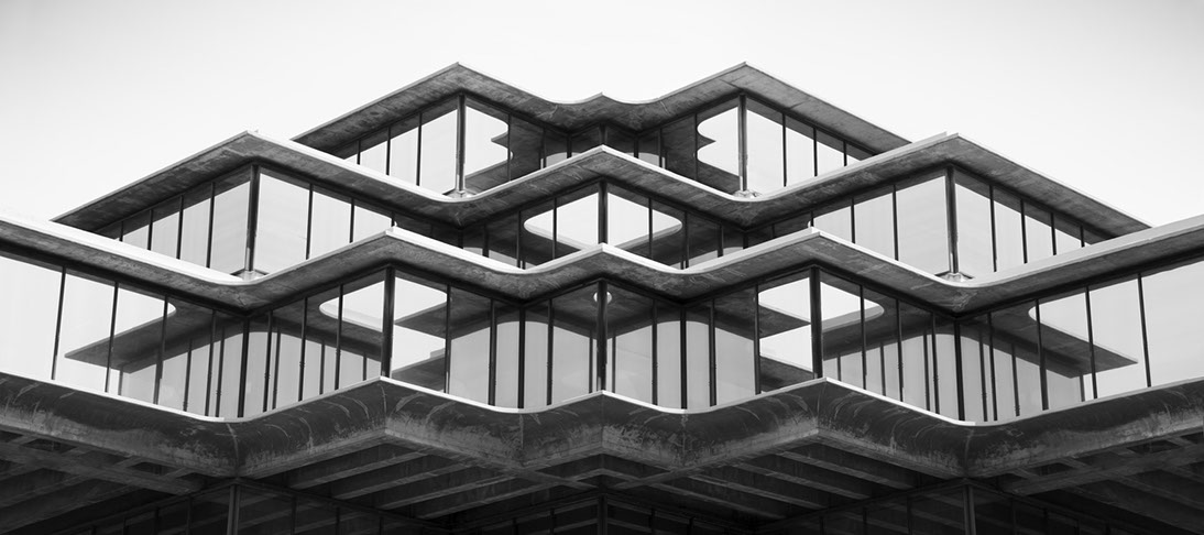 Black and white photo of the Geisel Library in San Diego
